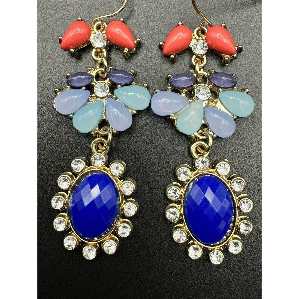 Gold Tone Multicolor Acrylic Rhinestone Chandelier Style Dangle Earrings - Picture 5 of 6